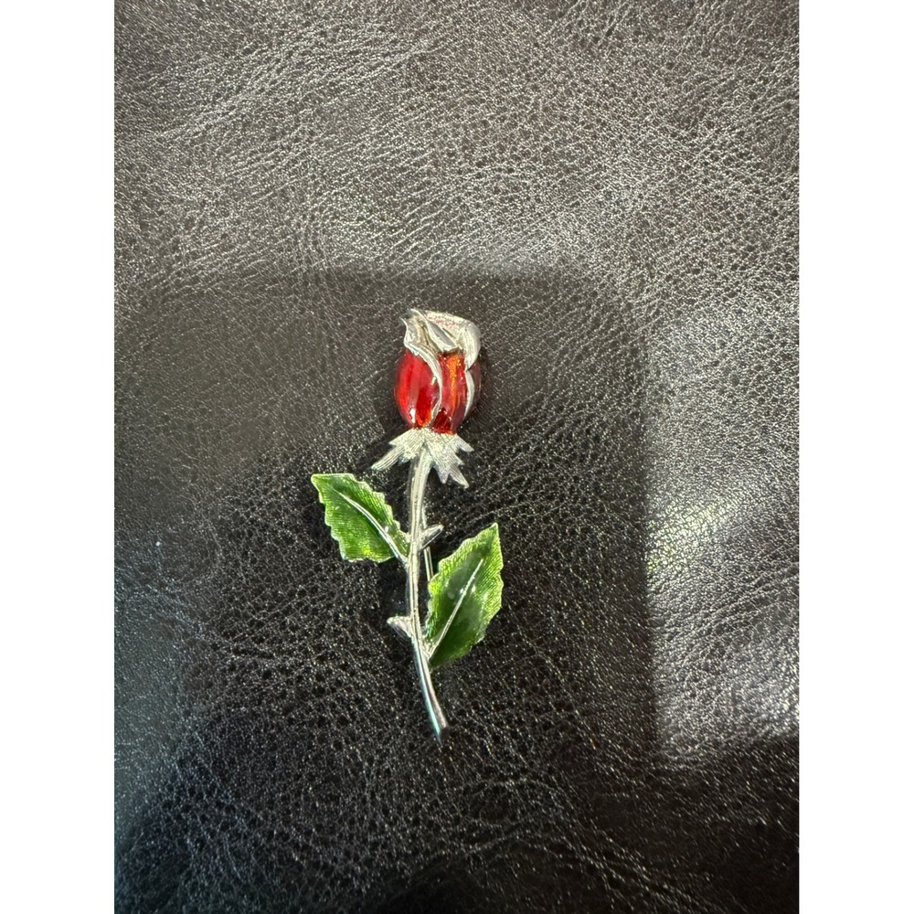 Red Rose Enamel Pin Brooch Silver Tone Stem Leaves Gift Jewelry